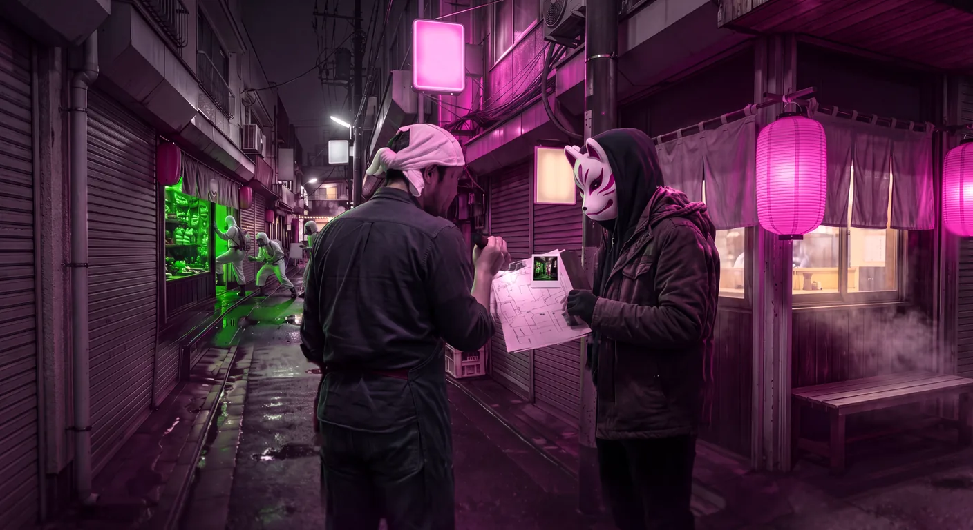 The same alley lit magenta: the ramen shop owner and a masked member of the Resistance study a plan while the hazmat team works at the antique shop behind them.